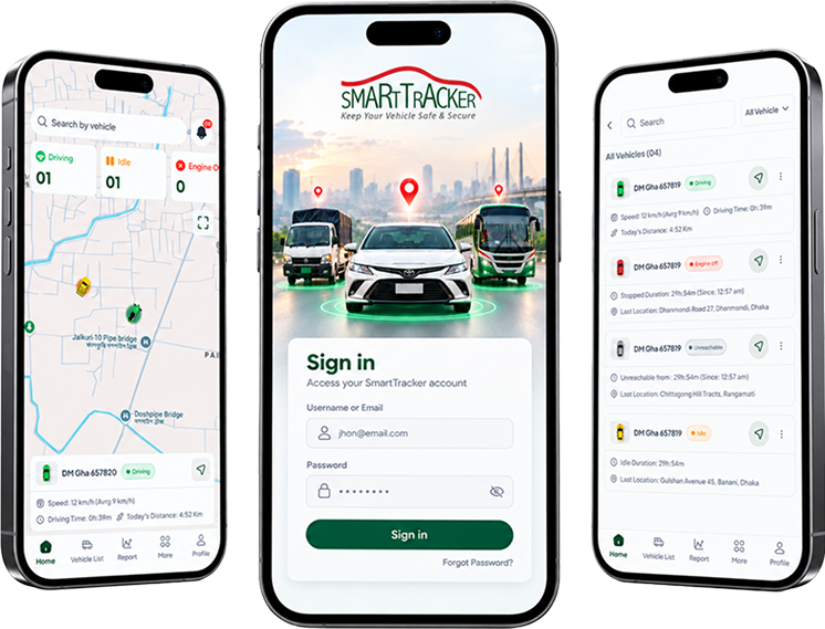 SmartTracker mobile app featuring vehicle tracking